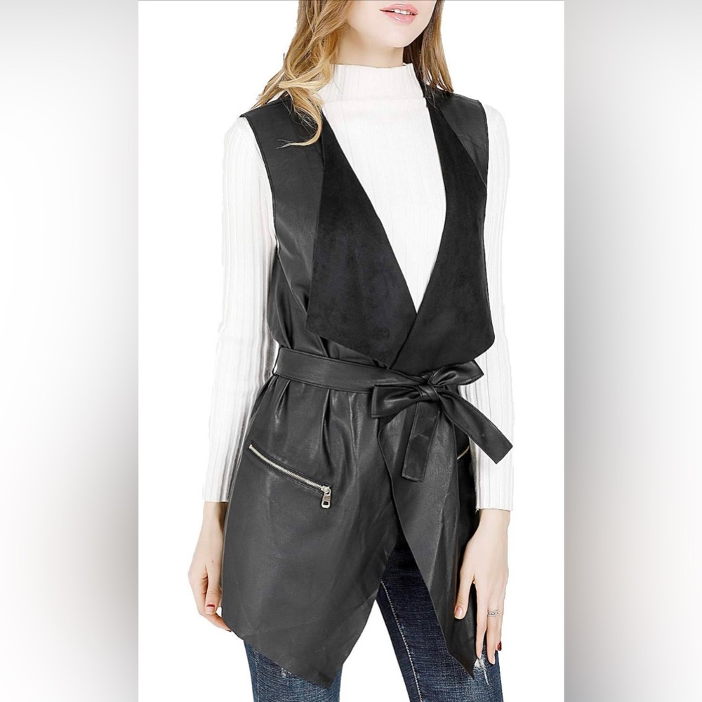 Faux leather cardigan vest